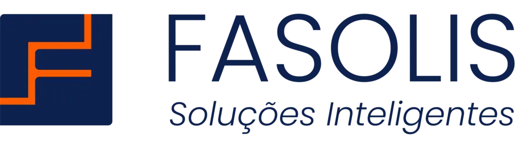 Logotipo da FASOLIS Soluções Inteligentes nas cores azul-marinho e laranja com design moderno.