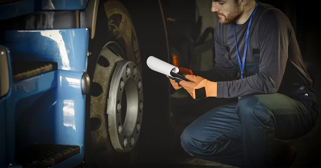 Capa do artigo Emissão de Carbono no Transporte: Como Reduzir Custos e Cumprir Exigências Ambientais, com um rapaz inspecionando um pneu de um caminhão