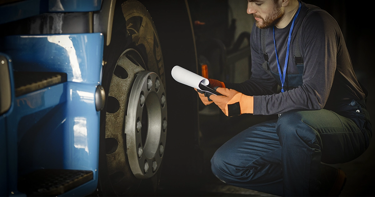 Capa do artigo Emissão de Carbono no Transporte: Como Reduzir Custos e Cumprir Exigências Ambientais, com um rapaz inspecionando um pneu de um caminhão
